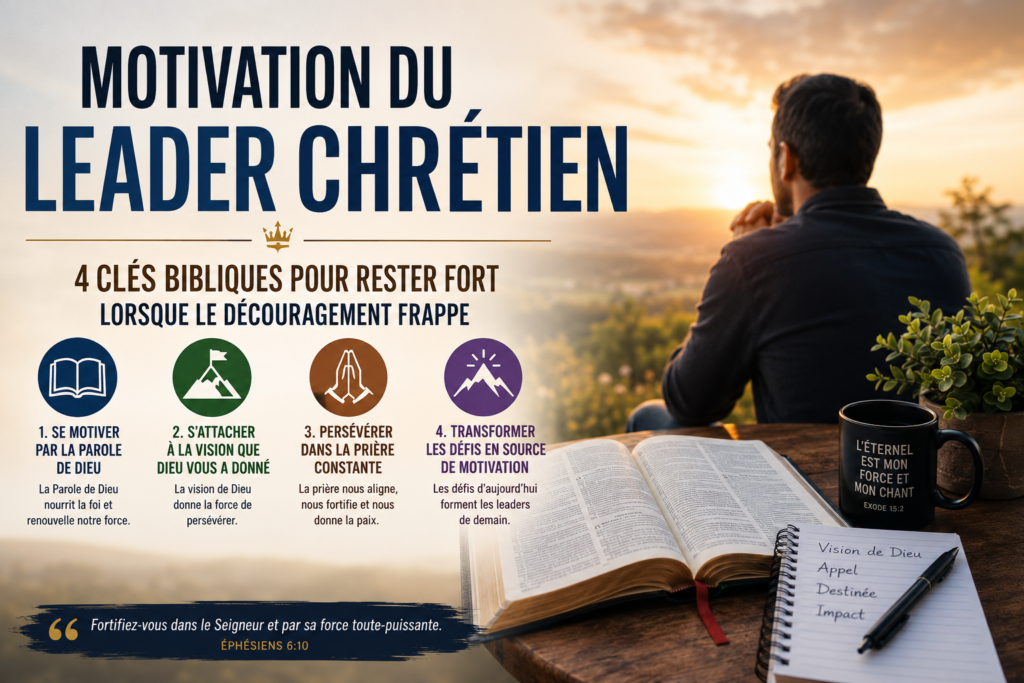 Cette image est créée pour l'article intitulé: Motivation du leader chrétien, 4 clés bibliques pour rester fort lorsque le découragement frappe. Grâce à la parole de Dieu, l'attachement à la vision, la perse2vérance par la priére et la motivation par les défis