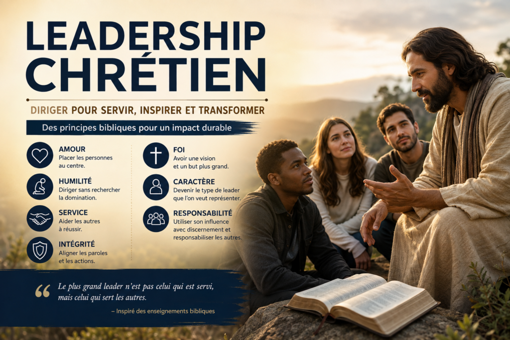 Découvrez 7 principes du leadership de service chrétien : amour, humilité, service, intégrité, foi, caractère et responsabilité pour inspirer et transformer